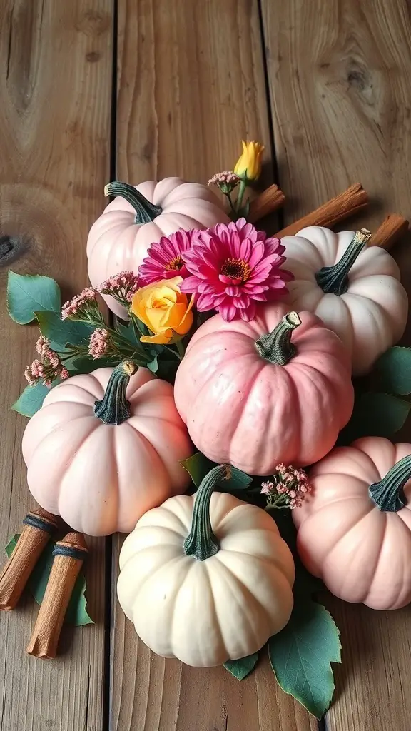 23+ Stunning Pink Halloween Decor Ideas for a Unique Celebration 7 Chic arrangement of pink and white pumpkins with flowers and cinnamon sticks on a wooden surface.