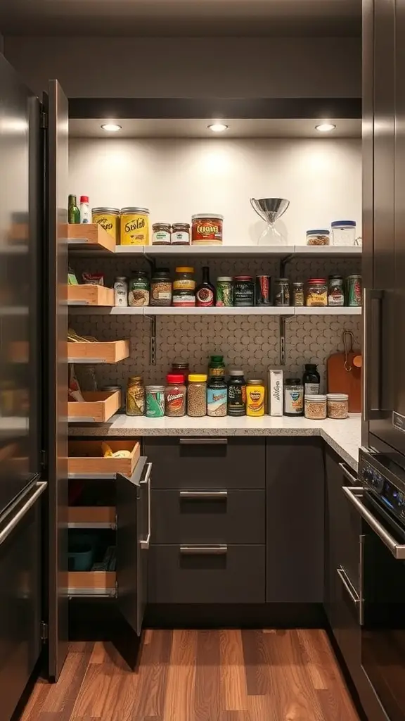 19+ Creative Small Corner Pantry Ideas to Maximize Your Space 8 A small corner pantry featuring pull-out drawers filled with jars and containers, showcasing an organized and well-lit space.