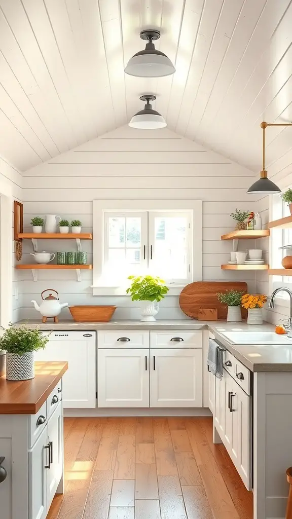 A bright kitchen featuring a shiplap ceiling, white cabinets, and wooden accents.