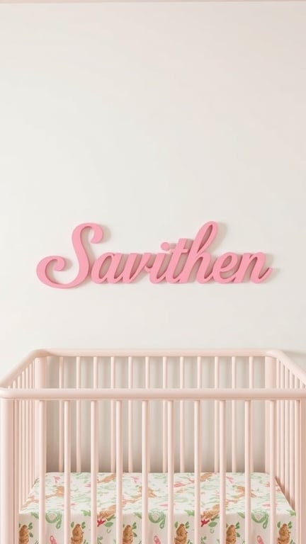 31+ Gorgeous Pink and Green Nursery Ideas for a Dreamy Space 11 Personalized name decor in pink spelling 'Savithen' above a crib