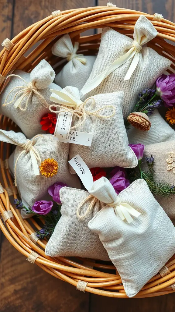 25+ Must-Try Fall Crafts for Adults 13 A basket filled with small fabric sachets tied with ribbons and decorated with flowers.