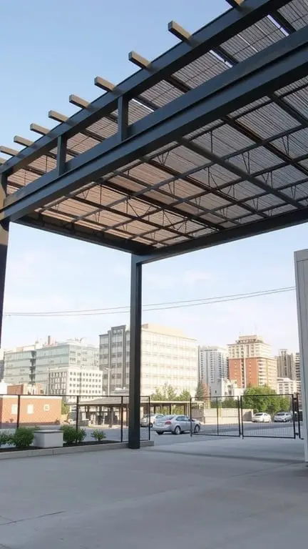 17+ Inspiring Garage Pergola Ideas for Your Outdoor Space 7 A contemporary steel pergola with a spacious design and a view of a city skyline.