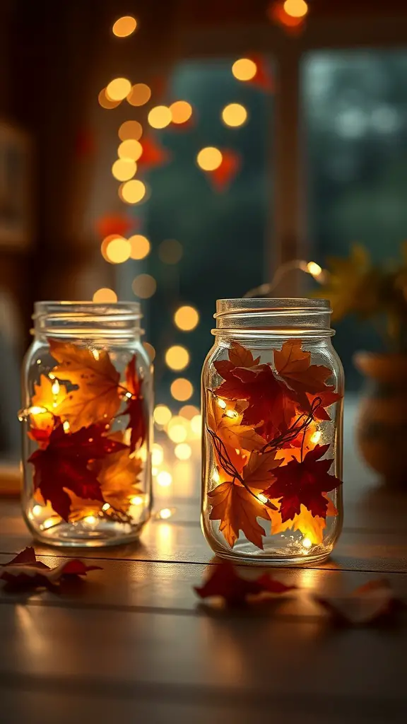 25+ Must-Try Fall Crafts for Adults 6 Two decorative mason jar lanterns filled with autumn leaves and fairy lights