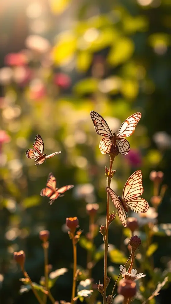 Colorful glass butterflies displayed in a garden setting