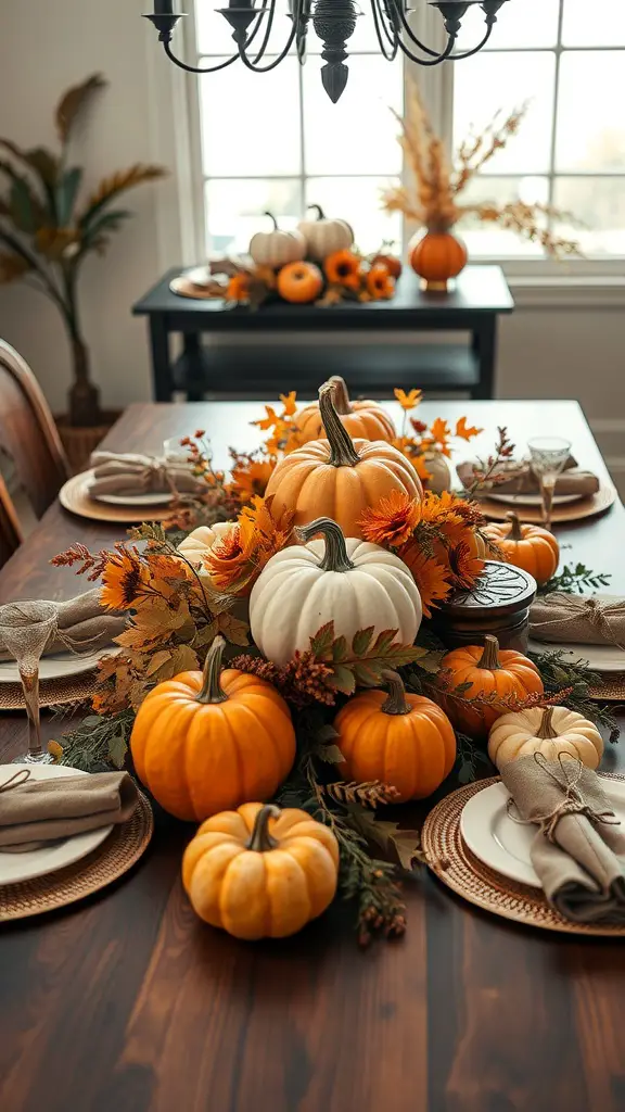 A beautifully arranged fall centerpiece featuring pumpkins, autumn leaves, and sunflowers on a dining table.