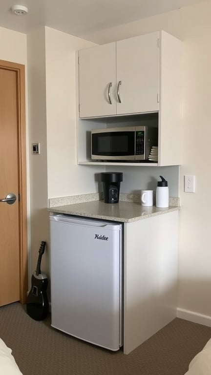 17 Stylish Small Dorm Room Ideas for Limited Spaces 8 Compact kitchenette with mini fridge, microwave, and coffee maker in a small dorm room.