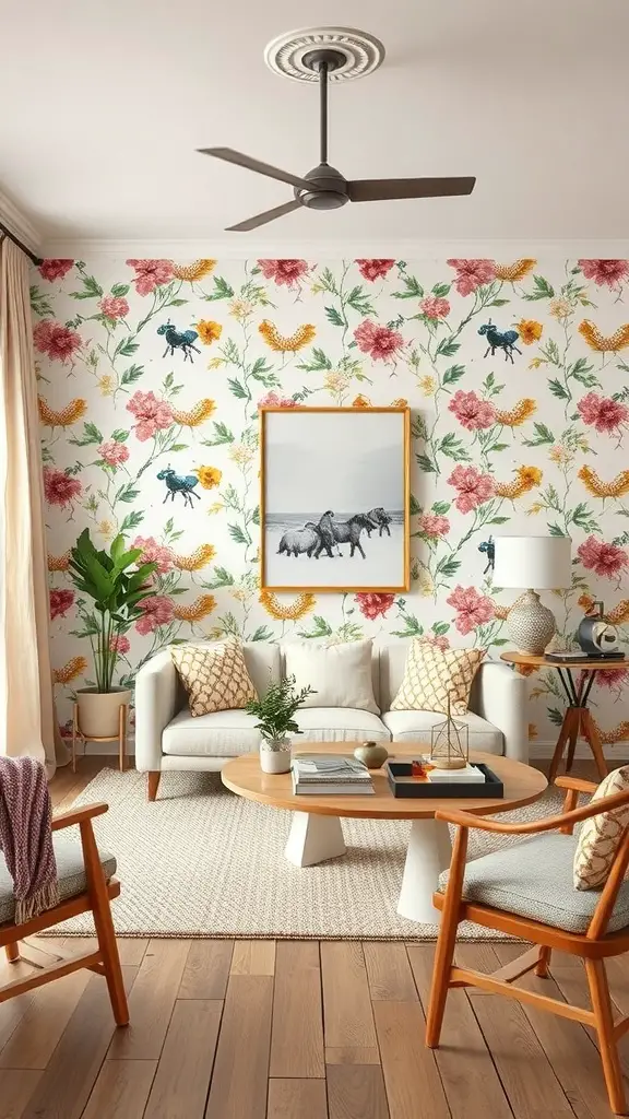A living room featuring bold floral wallpaper with animal motifs, a light sofa, wooden furniture, and a cozy atmosphere.