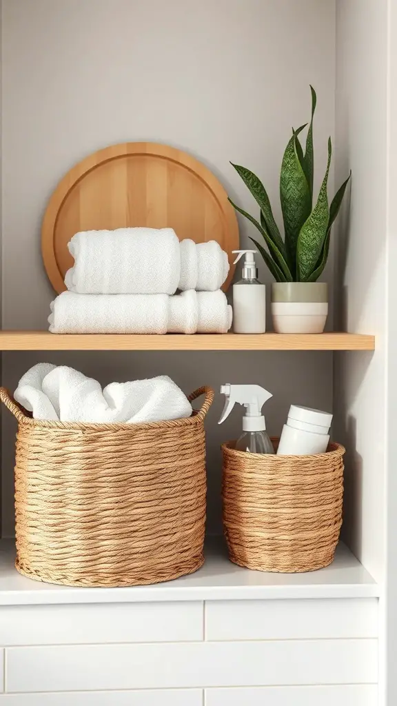 Organized bathroom shelf with towels and woven baskets