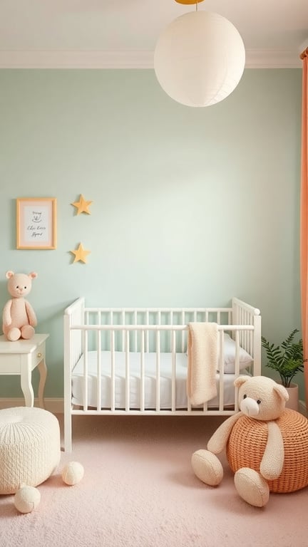 A serene nursery with mint green walls, a white crib, and soft pastel decor.