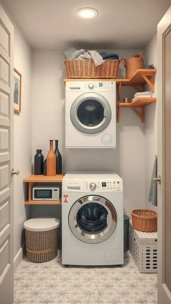Compact laundry room with stacked washer and dryer, shelves, and decorative baskets.