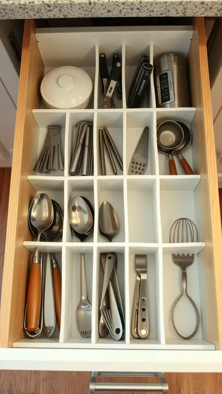 A neatly organized kitchen drawer with dividers, holding various utensils like spoons, measuring cups, and whisks.