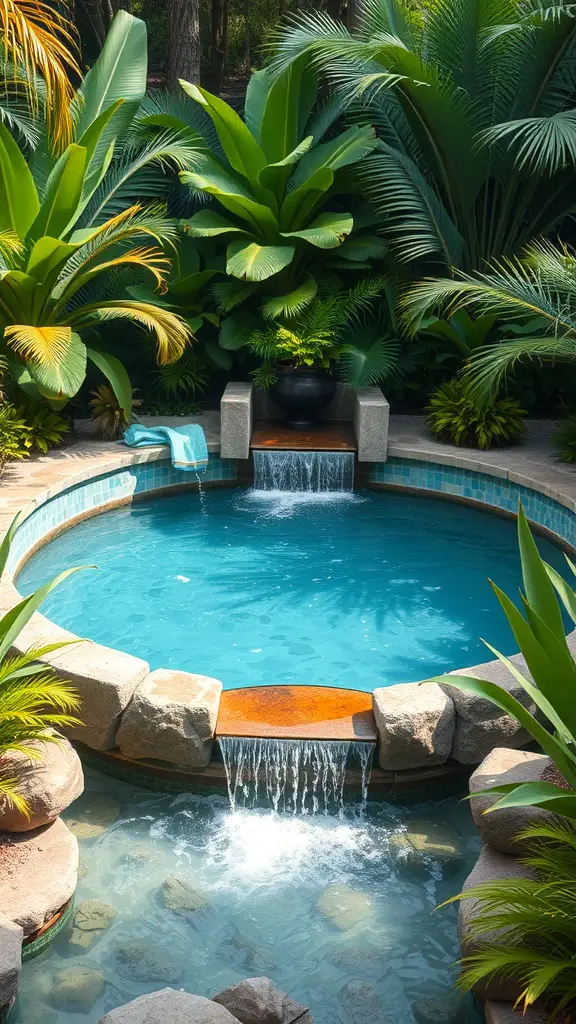 17+Creative Sunken Above Ground Pool Ideas for Your Backyard 10 A sunken above-ground pool surrounded by lush greenery and a waterfall.