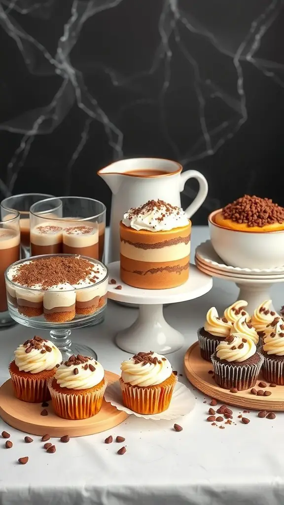 17 Creative Coffee Baby Shower Ideas You’ll Love 4 A variety of coffee-inspired desserts including cupcakes, panna cotta, mousse, and tiramisu on a table.