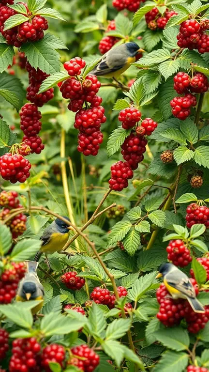 19+ Essential Tips for Creating a Bird-Friendly Garden 8 A lush garden filled with red berries and birds enjoying the fruits.