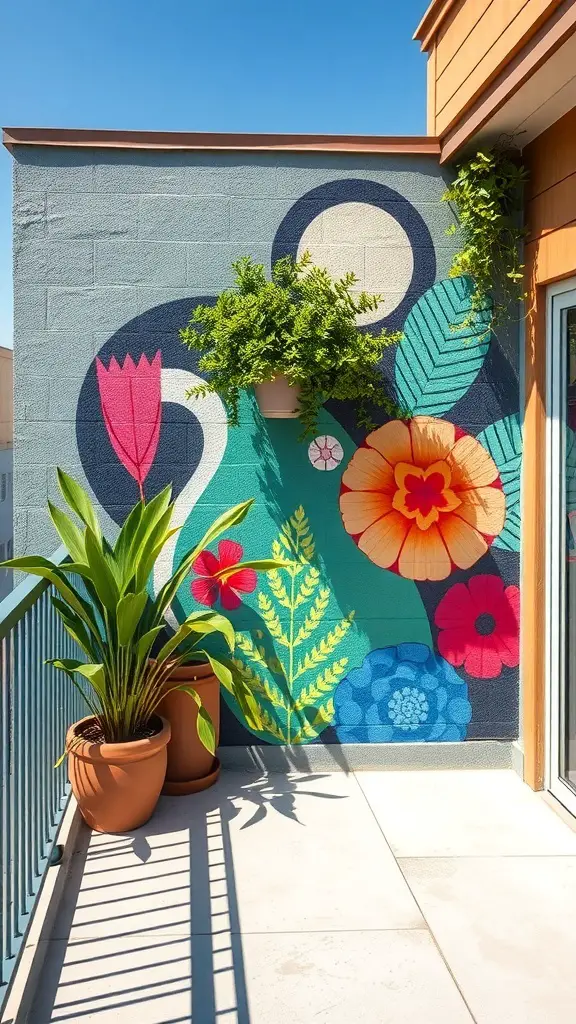 21+ Creative Balcony Privacy Ideas You’ll Love 6 A balcony with a colorful mural featuring butterflies and flowers, surrounded by potted plants.