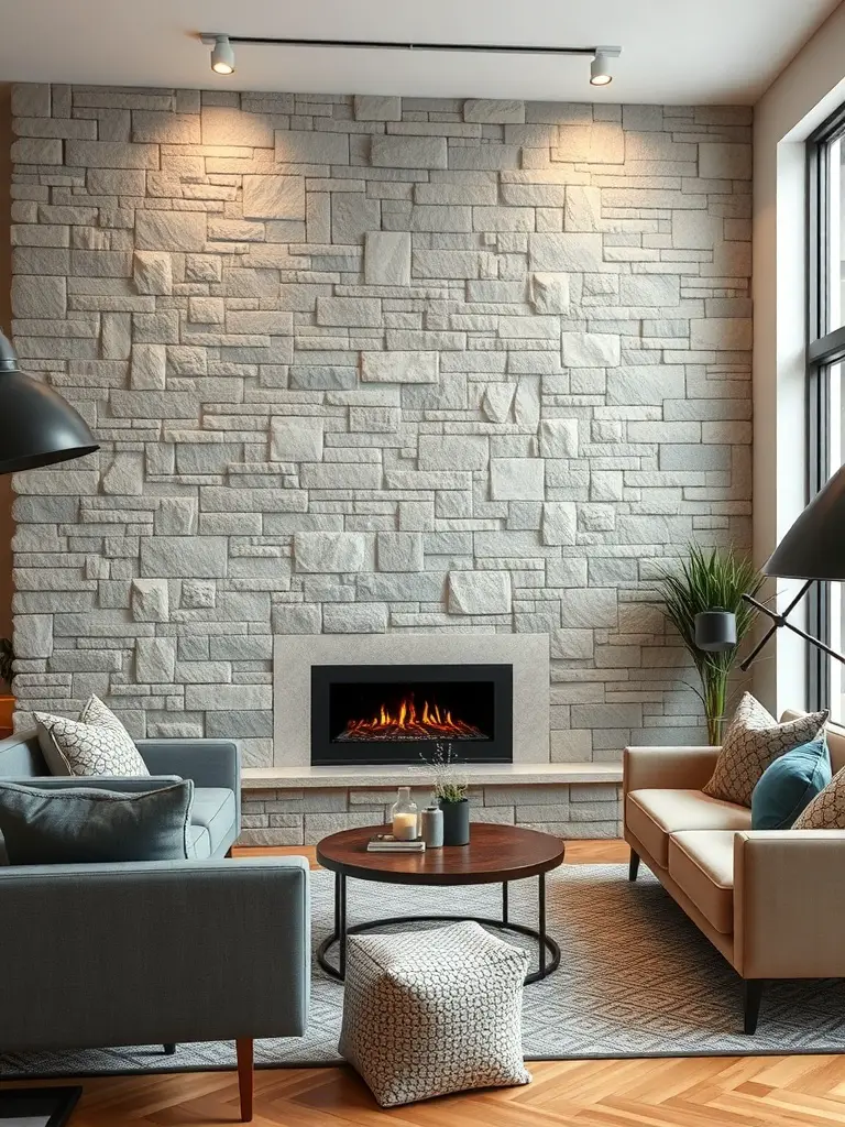 21+ Stunning Electric Fireplace Wall Ideas to Transform Your Space 7 A contemporary living room featuring a stone wall with an electric fireplace, stylish furniture, and warm lighting.