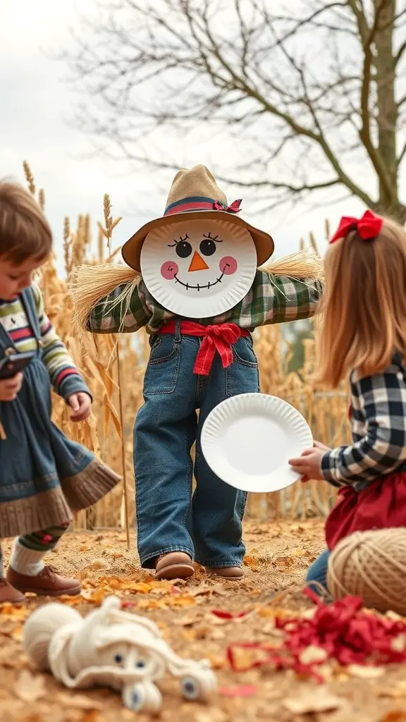 25+ Creative Fall Crafts for Toddlers 14 Two toddlers playing with a paper plate scarecrow in a field of wheat.