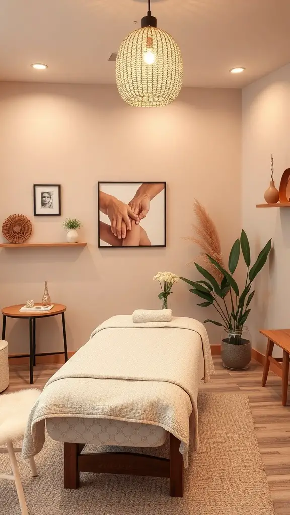 A cozy massage room featuring soft lighting, a massage table, and decorative elements.