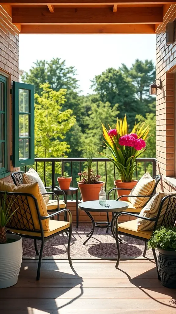 A cozy balcony with weather-resistant furniture, featuring chairs, a table, and vibrant plants.