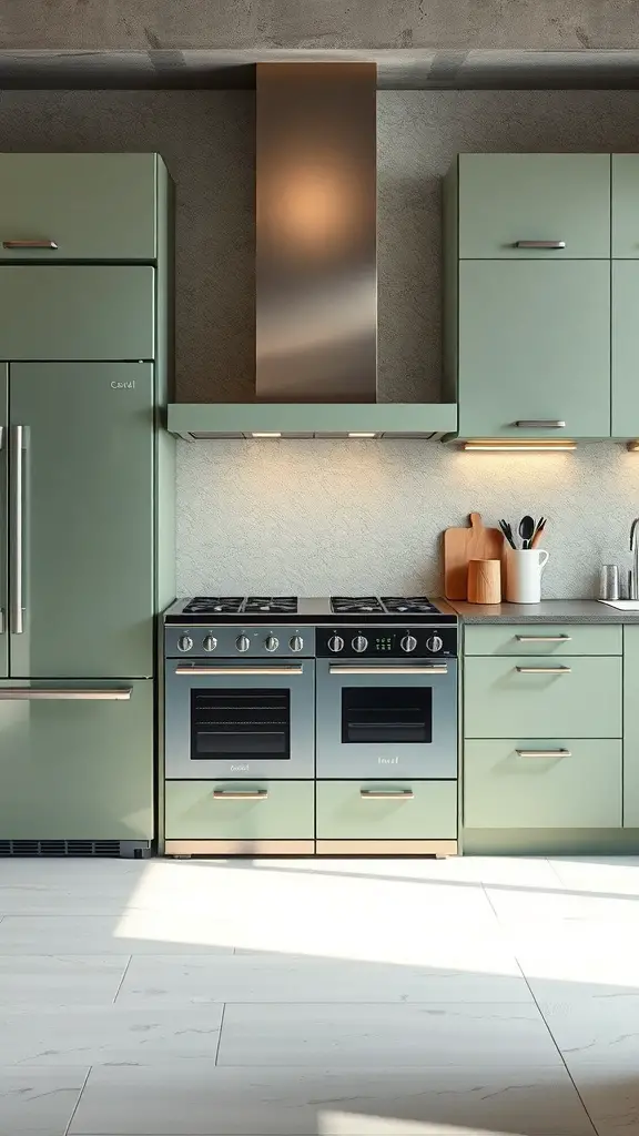 29+ Stunning Sage Green Kitchen Ideas to Transform Your Space 5 A modern kitchen featuring sage green appliances including a refrigerator and stove.
