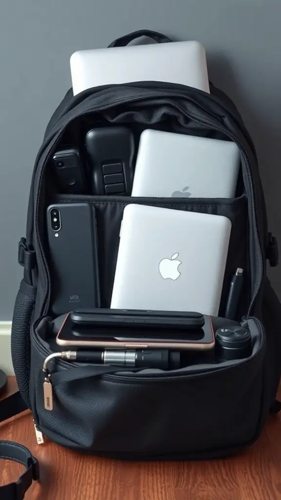A neatly organized backpack containing a laptop, smartphones, and various tech gadgets.