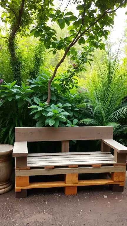 21+ Creative Pallet Garden Ideas You Need to Try 10 A rustic wooden pallet garden bench surrounded by lush green plants.