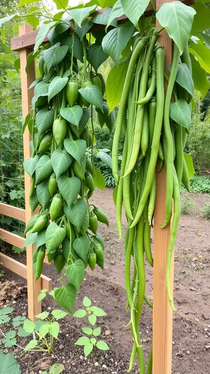 19+ Must-Grow Fall Garden Vegetables for a Bountiful Harvest 14 A trellis with green beans and leaves hanging down, showcasing a healthy bean harvest.