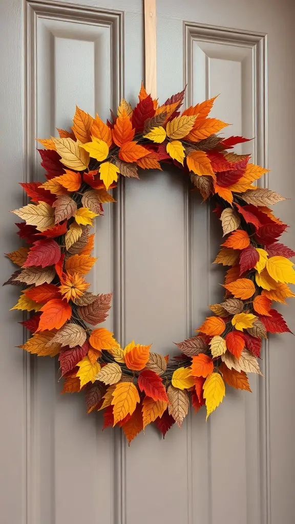 27+ Cozy Fall Porch Decorating Ideas to Try This Season 8 A colorful autumn leaf wreath hanging on a door, showcasing shades of orange, yellow, and red.