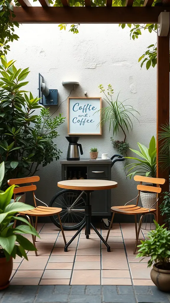 27+ Charming Small Coffee Bar Ideas to Transform Your Space 5 A cozy outdoor coffee patio setup with a small table, two chairs, and a coffee station surrounded by plants.