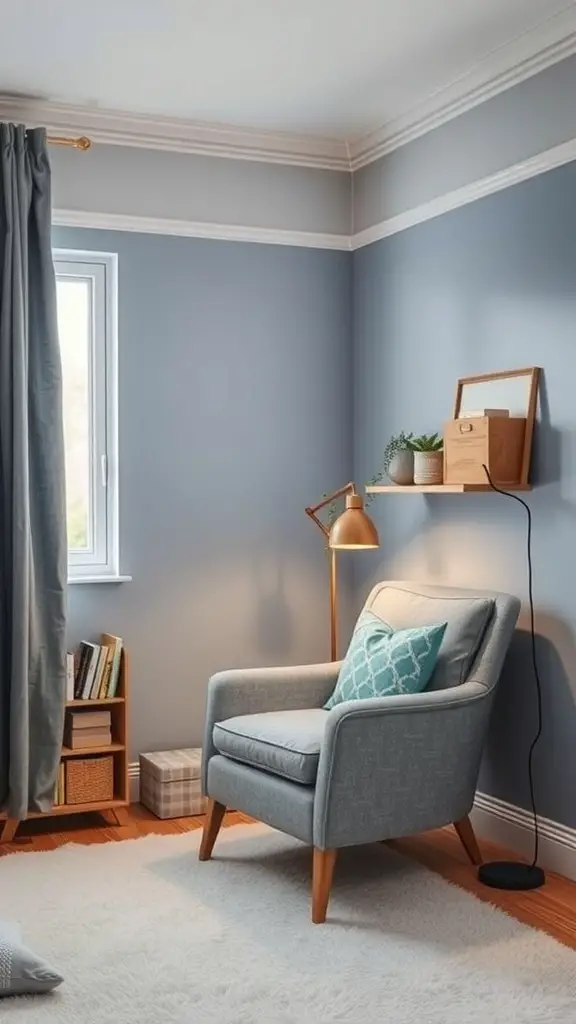23+ Stunning Blue and Grey Bedroom Ideas You'll Love 13 A cozy reading nook in a blue and grey bedroom featuring a comfortable chair, a side table with a lamp, and a small bookshelf.
