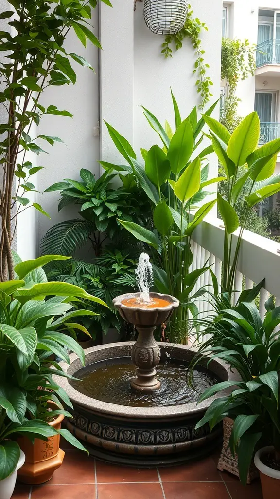 A balcony garden featuring a small fountain surrounded by lush green plants.