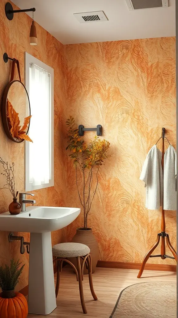 21+ Charming Fall Bathroom Decor Ideas to Transform Your Space 16 A cozy bathroom featuring textured orange wallpaper, a white sink, and autumn decor.