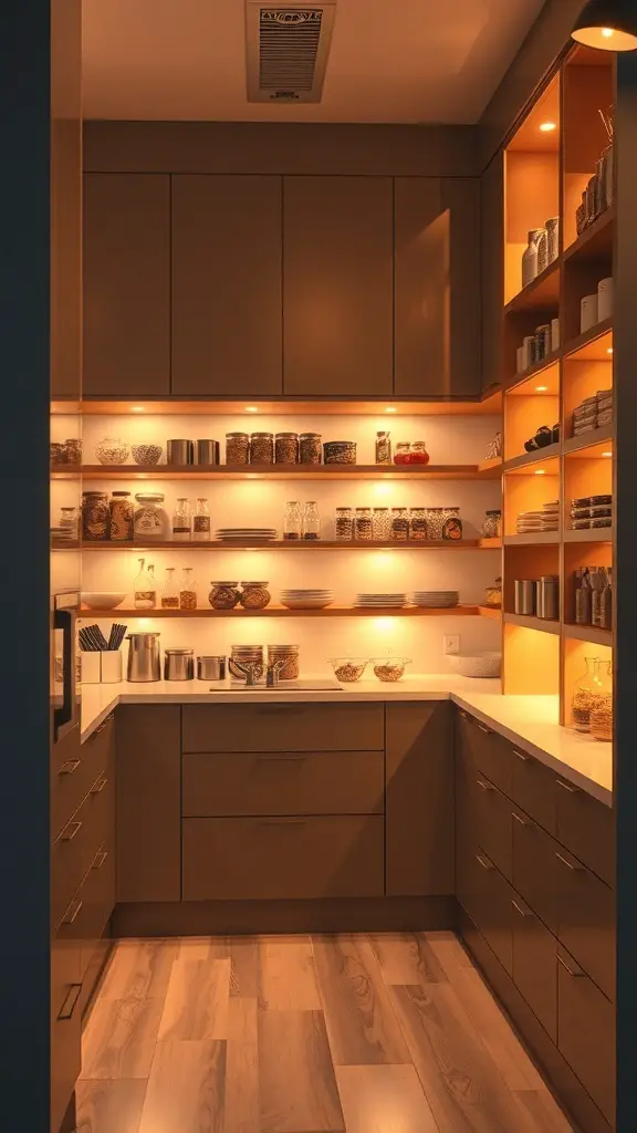 17+ Creative L Shaped Pantry Ideas for Your Kitchen 3 A well-lit pantry with modern shelving and organized jars.