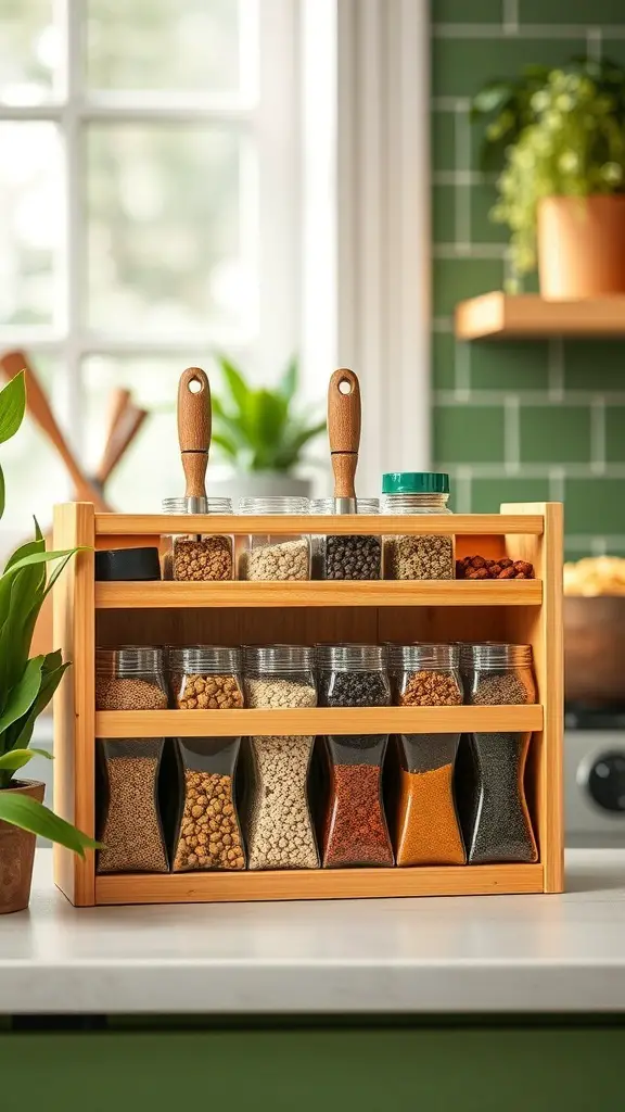 19+ Creative Spice Rack Ideas to Organize Your Kitchen 11 A bamboo spice rack displaying various spices in clear jars, set in a bright kitchen.
