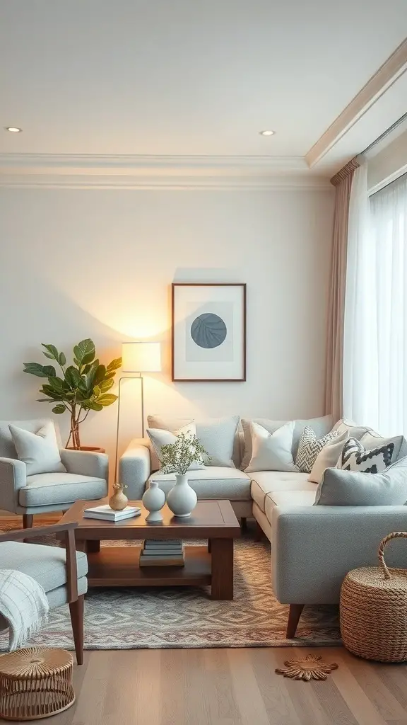 27+ Stunning Pottery Barn Living Room Ideas You’ll Love 8 Cozy living room with neutral tones, featuring a light sofa, wooden coffee table, and potted plant.