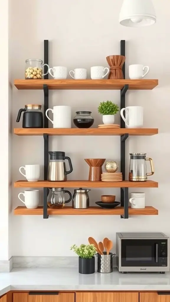 27+ Charming Small Coffee Bar Ideas to Transform Your Space 11 Floating shelves displaying coffee mugs, coffee makers, and decorative items in a modern kitchen.