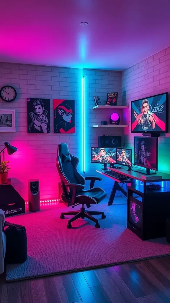 25+ Creative Bloxburg Teen Room Ideas You’ll Love 4 A high-tech gaming corner featuring multiple monitors, a gaming chair, neon lights, and wall art.