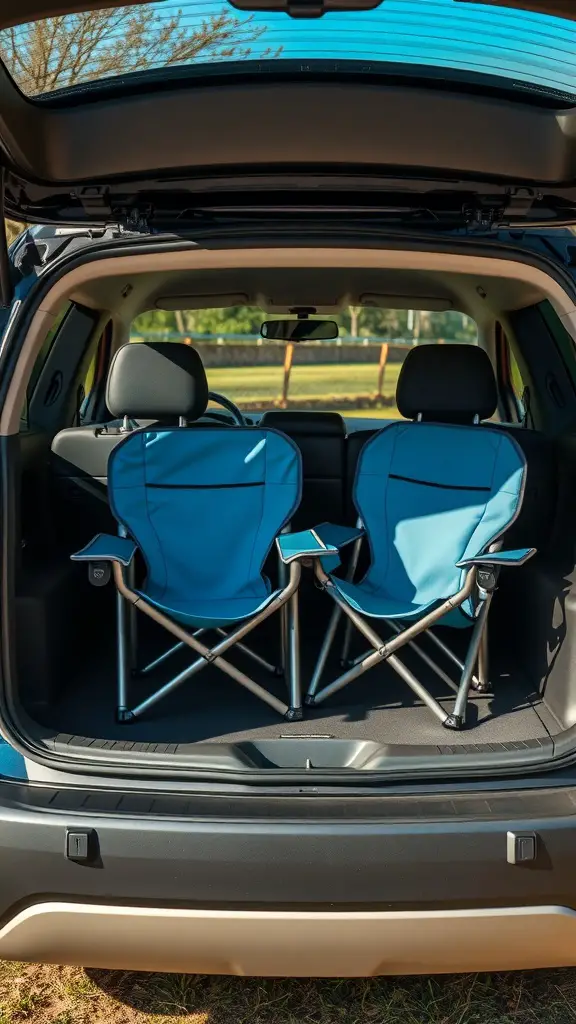25+ Clever Car Trunk Organization Ideas to Maximize Space 10 Two blue portable folding chairs in the trunk of an SUV.
