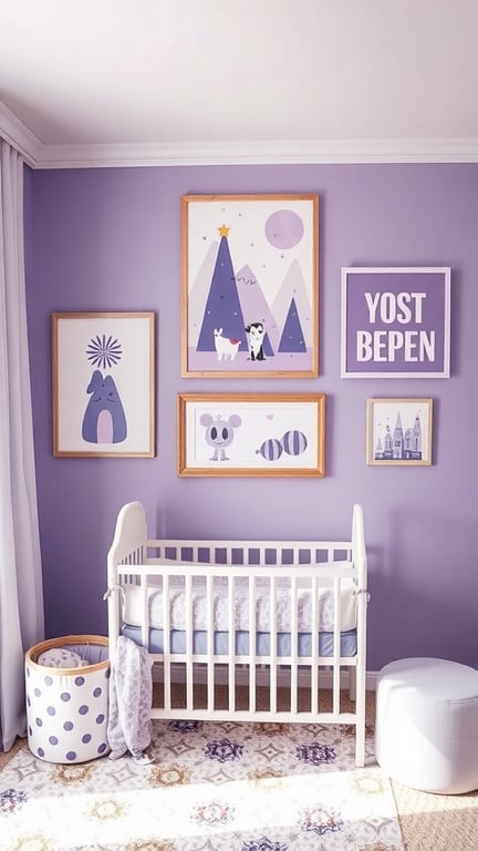 29+ Adorable Purple Nursery Ideas for Your Little One 17 A nursery with purple-themed artwork on the wall, featuring playful designs and a white crib.