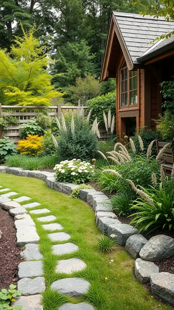 21+ Cottagecore Garden Essentials for a Whimsical Outdoor Retreat 14 A charming garden path lined with stones and surrounded by lush greenery and flowers.