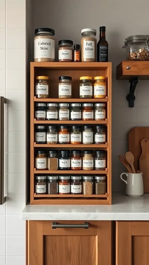 19+ Creative Spice Rack Ideas to Organize Your Kitchen 16 A wooden spice rack displaying various labeled jars of spices in a kitchen setting.