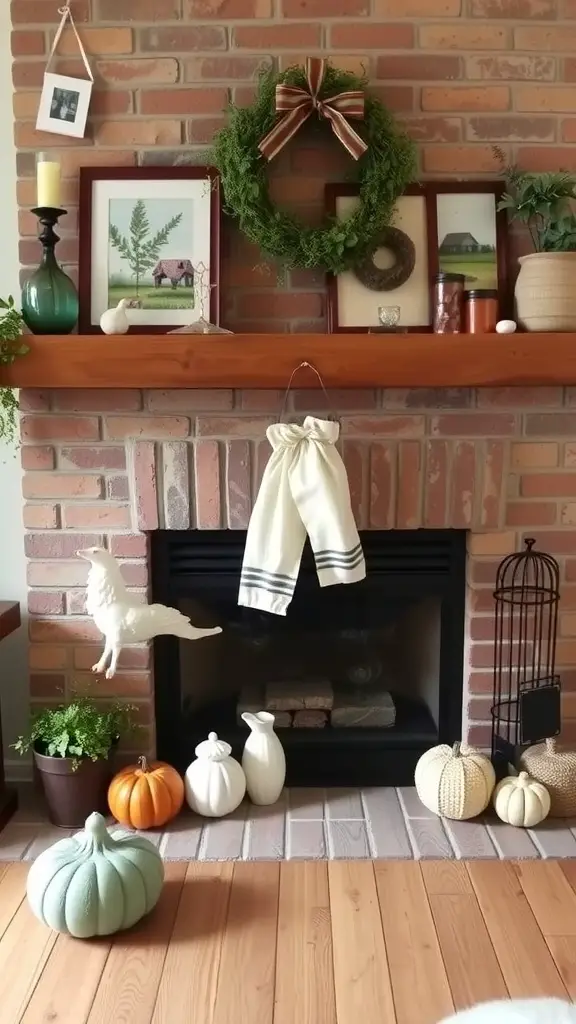 23+ Stunning Farmhouse Fireplace Decor Ideas to Transform Your Home 11 A cozy farmhouse fireplace decorated with a wreath, framed art, and seasonal pumpkins.