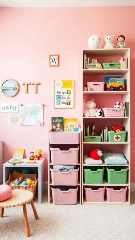 31+ Gorgeous Pink and Green Nursery Ideas for a Dreamy Space 6 A pink and green nursery featuring functional storage solutions with colorful bins and a cozy reading area.