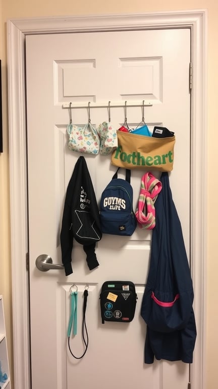 17 Stylish Small Dorm Room Ideas for Limited Spaces 11 A door with various bags and a jacket hanging on hooks for organization.