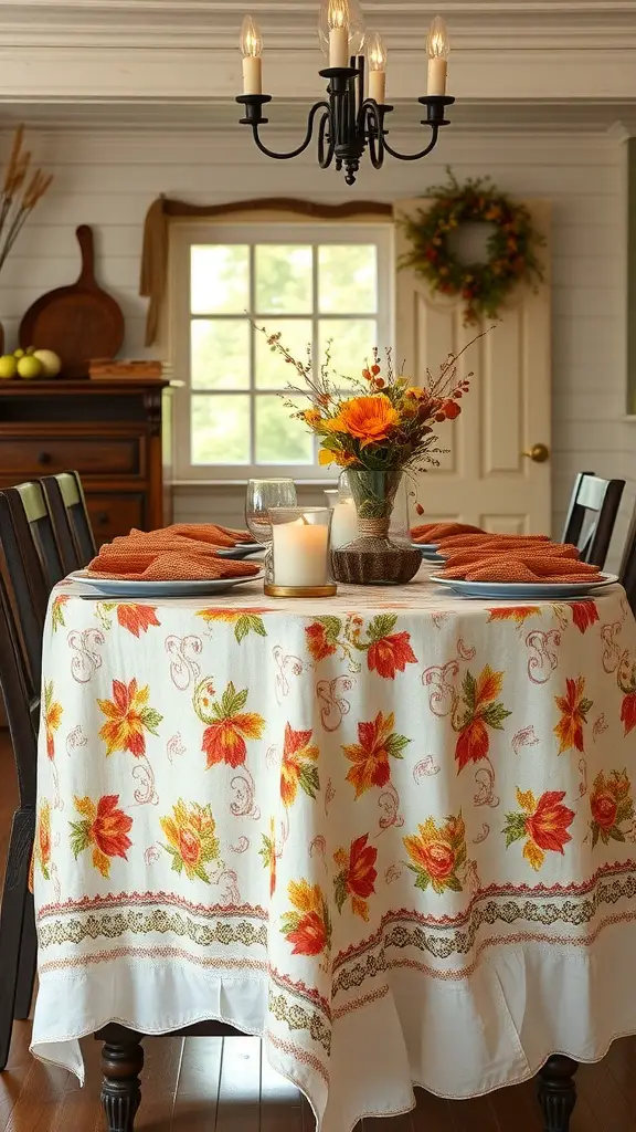 23 Vintage Fall Decor Ideas to Warm Your Home 16 A cozy dining table set with a fall-themed tablecloth featuring autumn leaves, complemented by orange napkins and a floral centerpiece.