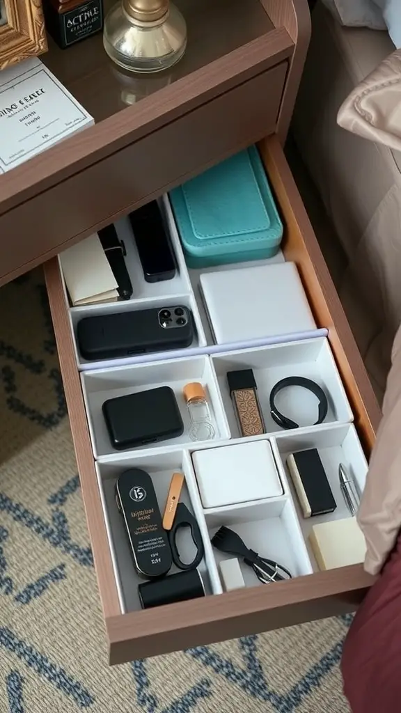 21 Essential Nightstand Organization Ideas for a Clutter-Free Bedroom 11 An organized nightstand drawer with various compartments holding items like a phone, charger, and personal care products.