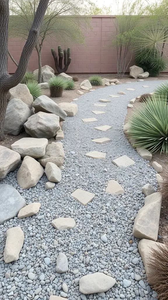 25+ Stunning Desert Landscaping Ideas for Your Front Yard 7 A winding rock and gravel pathway surrounded by desert plants and larger rocks.