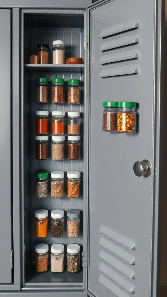 17+ Creative Locker Organization Ideas to Maximize Space 5 Locker organized with magnetic spice jars for storage
