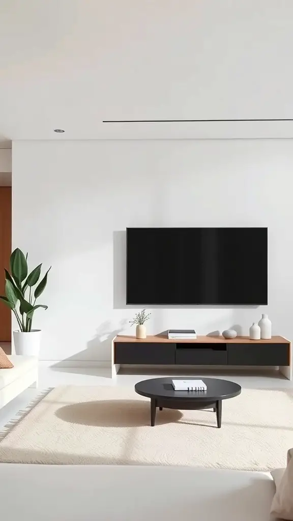 25+ Stunning TV Wall Ideas for Your Living Room 6 A modern minimalist living room featuring a mounted TV on a white wall, a low-profile media console, a round coffee table, and a potted plant.