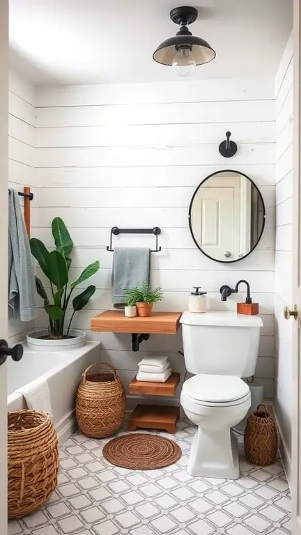 31+ Inspiring Farmhouse Bathroom Ideas You’ll Love 9 A cozy farmhouse bathroom featuring white shiplap walls, a wooden shelf, and plants.